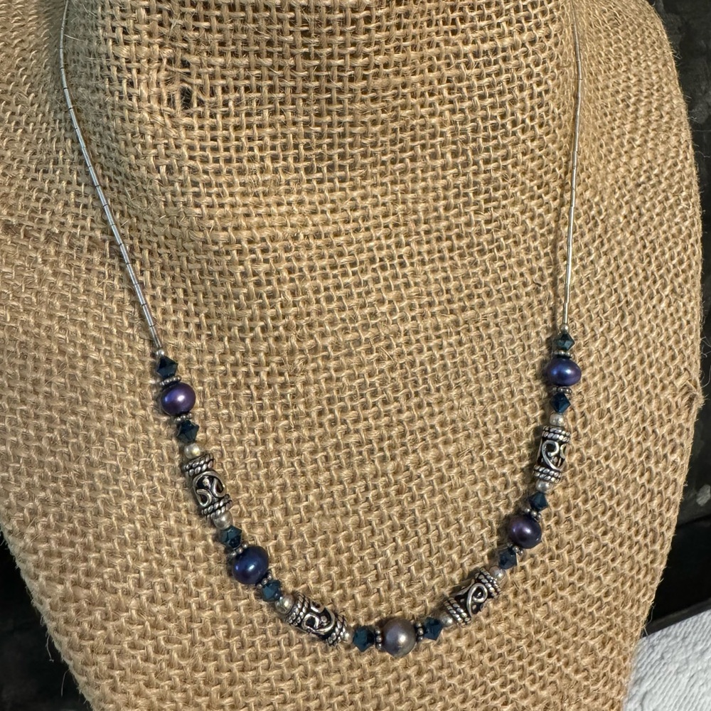 Vintage Sterling Silver Liquid Bali Crystal Beads Beaded Strand Necklace 925